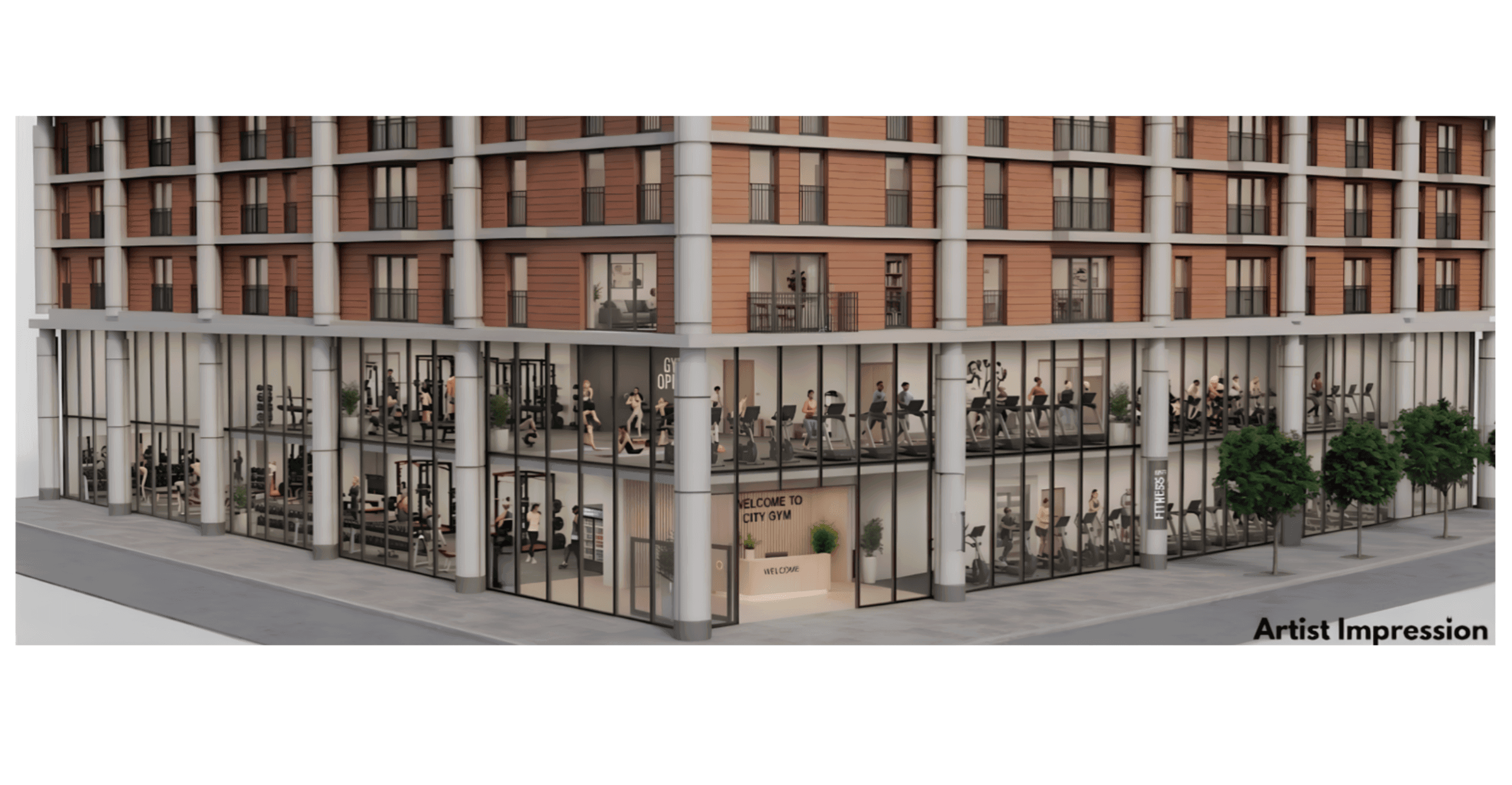 Modern brick apartment building featuring a two-story glass-walled gym on the ground floor corner.