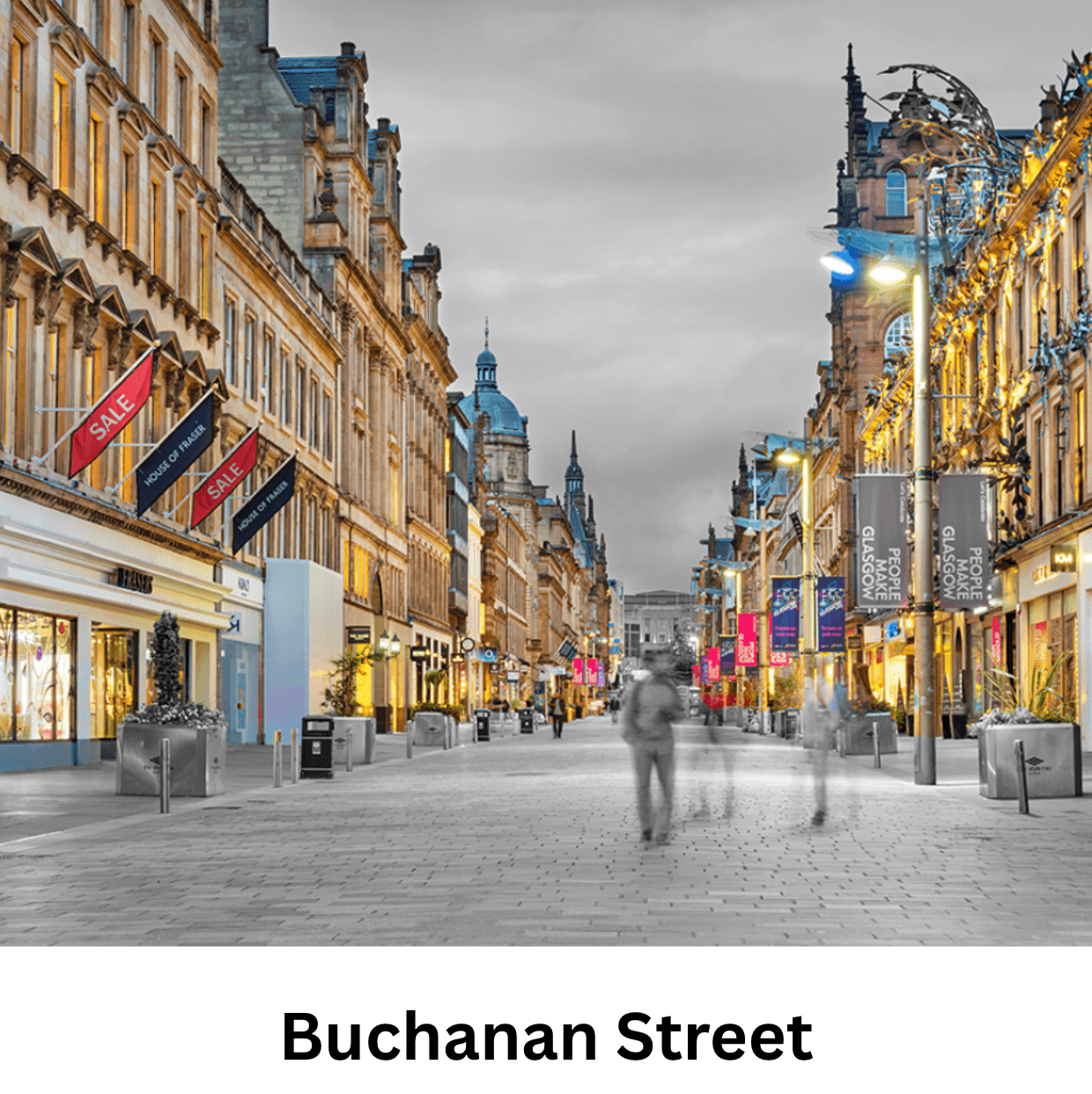 A wide pedestrian street in Glasgow featuring historic architecture, shop banners, and glowing street lamps.